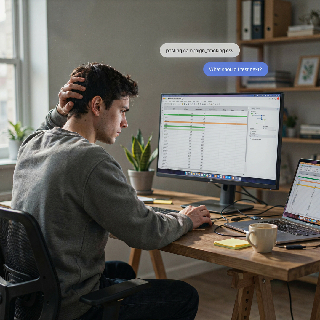 A media buyer pasting a campaign spreadsheet into an AI chat and asking what to test next